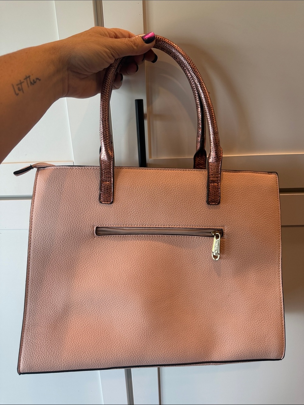 Women's Blush Pink Structured Tote with Metallic Handles